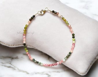 Bracelet Réglable Femme En Tourmaline Naturelle Multicolore - Pierres 2-3mm - Fait Main - Neuf