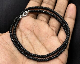 Black Tourmaline Beaded Necklace, Sterling Silver Clasp, Unisex Gemstone Jewelry