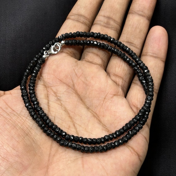 ブラックトルマリンビーズネックレス、スターリングシルバー留め金 