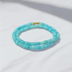 Elegant Aqua Blue Peruvian Opal Beaded Necklace with Gold Sterling Silver Clasp & Extension Chain - 6mm Smooth Rondelle Beads