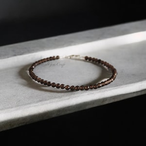 Genuine Smoky Quartz Beaded Bracelet, 3mm Micro Faceted Round Beads, Brown Smoky Quartz Handmade Minimalist Bracelet, Women’s Bracelet Gifts