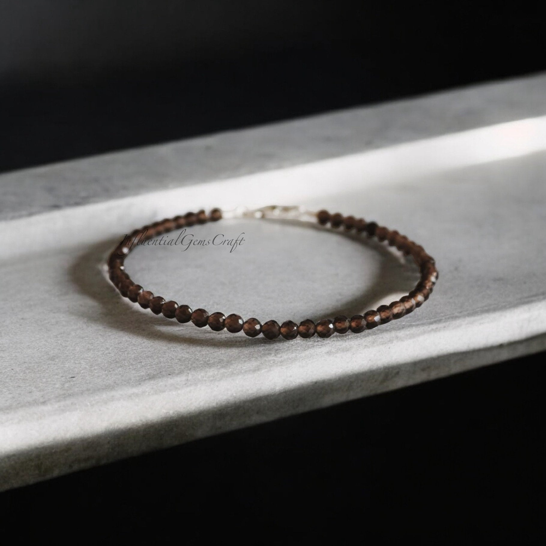本物のスモーキークォーツビーズブレスレット、3 mmマイクロファセット