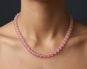 Natural Strawberry Quartz Necklace • 8mm Smooth Round Beads • Sterling Silver Clasp • Translucent Pink Flecked Strand • Dainty Choker