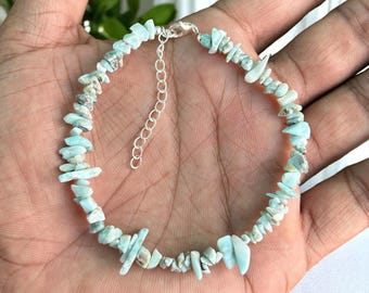 Natural Larimar Chips Bracelet, 4-5mm Raw Uncut Gemstone, Handmade Sterling Silver Bracelet, Dainty Blue Larimar Gift for Her