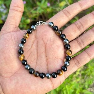 Pulseira de contas de proteção tripla para ele, pulseira de contas de olho de tigre, ônix preta e hematita, pulseira unissex com pedras preciosas de proteção
