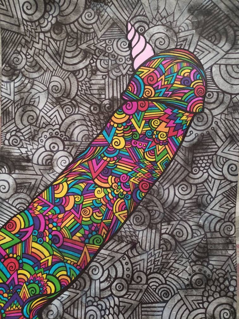 Trippy NSFW ooak adult zentangle SALE surreal erotic large 9x12 original fine art ink and watercolor painting The Unicorn