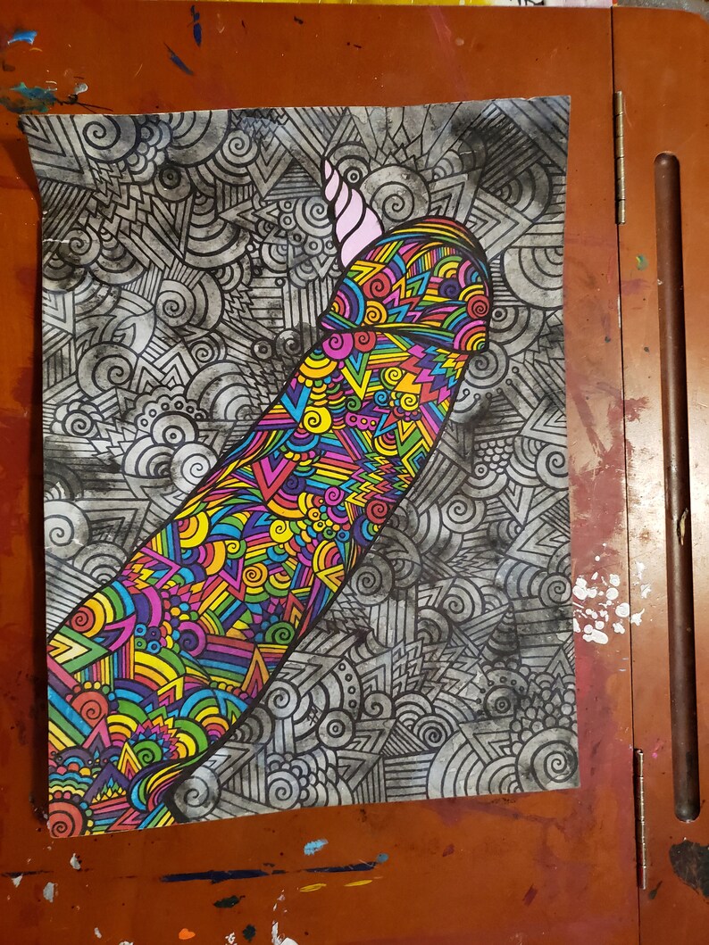 Trippy NSFW ooak adult zentangle SALE surreal erotic large 9x12 original fine art ink and watercolor painting The Unicorn