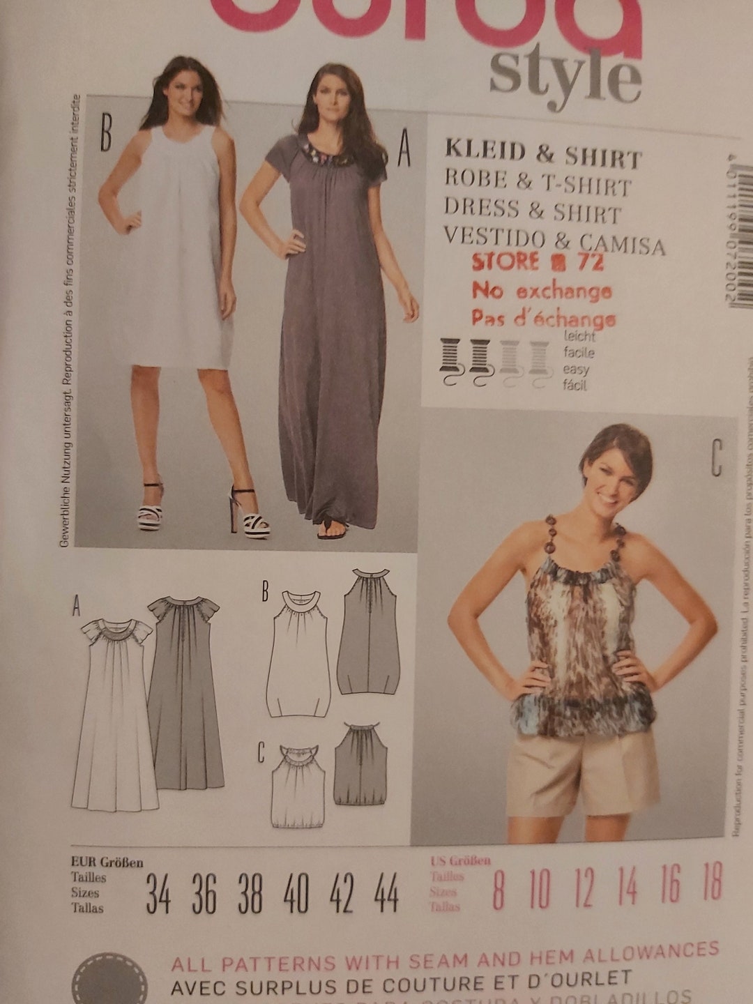 7200 Burda Style Cut Top & Dress Sewing Pattern Etsy