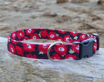 Dog Collar, Dog Collar and Lead, Puppy Collar, Floral Dog Collar, Girl Dog, Handmade Dog Collar UK, Fabric Dog Collar - POPPY RED
