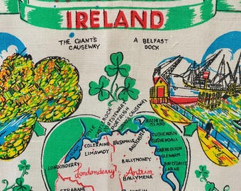 Vintage Irish Linen Tea Towel: Northern Ireland Map Illustration