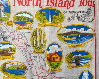 Vintage UNUSED linen tea towel 1980s/90 design - New Zealand - North Island. Natural linen