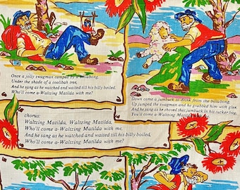 Vintage Pure Linen Unused Waltzing Matilda Tea Towel – Australian Song Illustrations