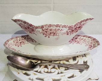 Saucière Ancienne En Faïence Fine Choisy - Décor Bord De Mer Rouge, Deux Becs, Dinette Vintage, Occasion (bien Lire La Description).