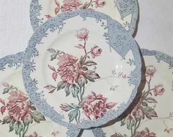 Lot de 4 grandes assiettes plates en faïence de Longwy modèle Pivoine, terre de fer - Antique French Vintage - Campagne chic, Shabby chic