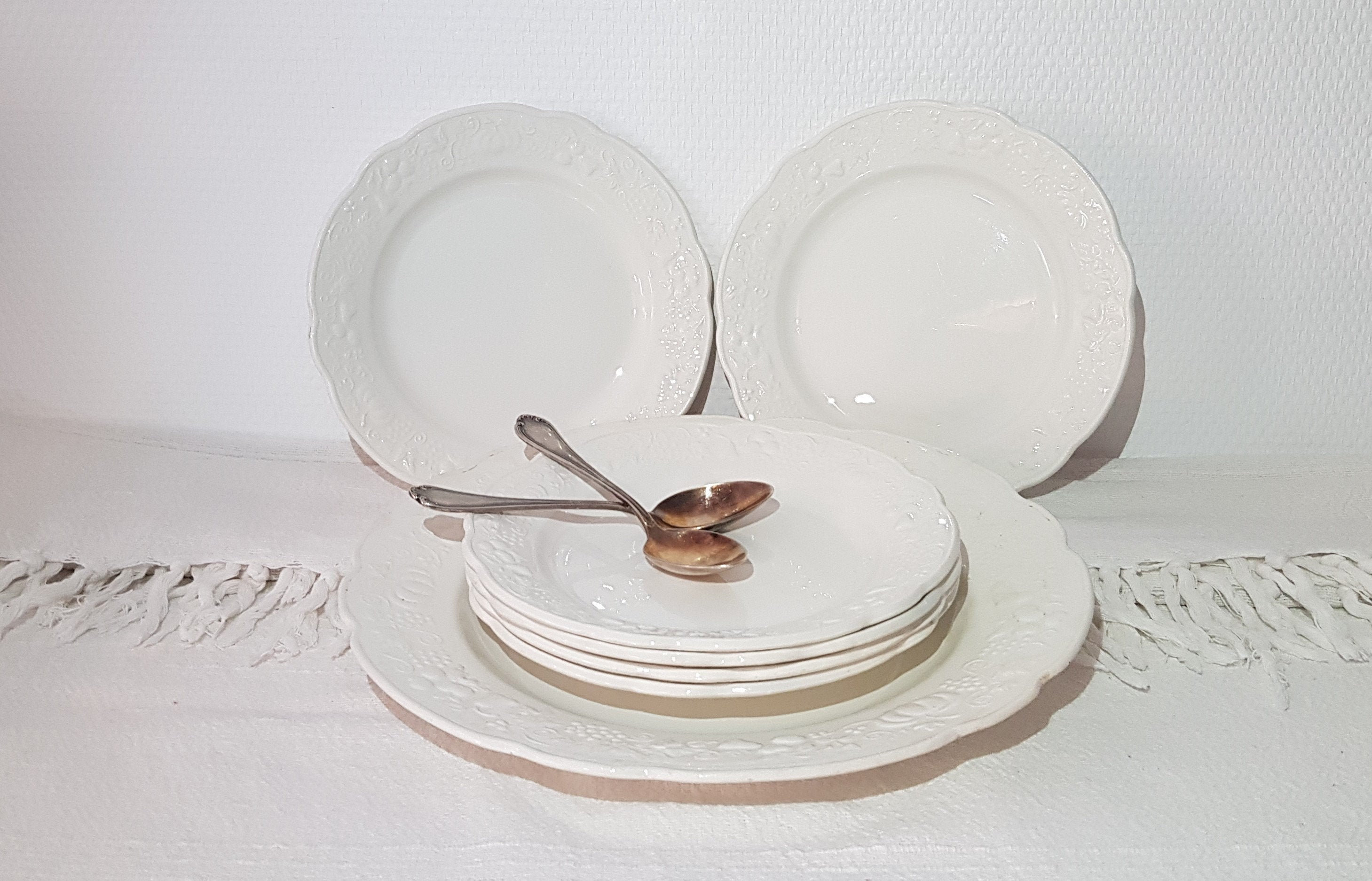 Lot de 6 Assiettes à Dessert et 1 Plat Service en Faïence Digoin Sarreguemines - Antique French Vint
