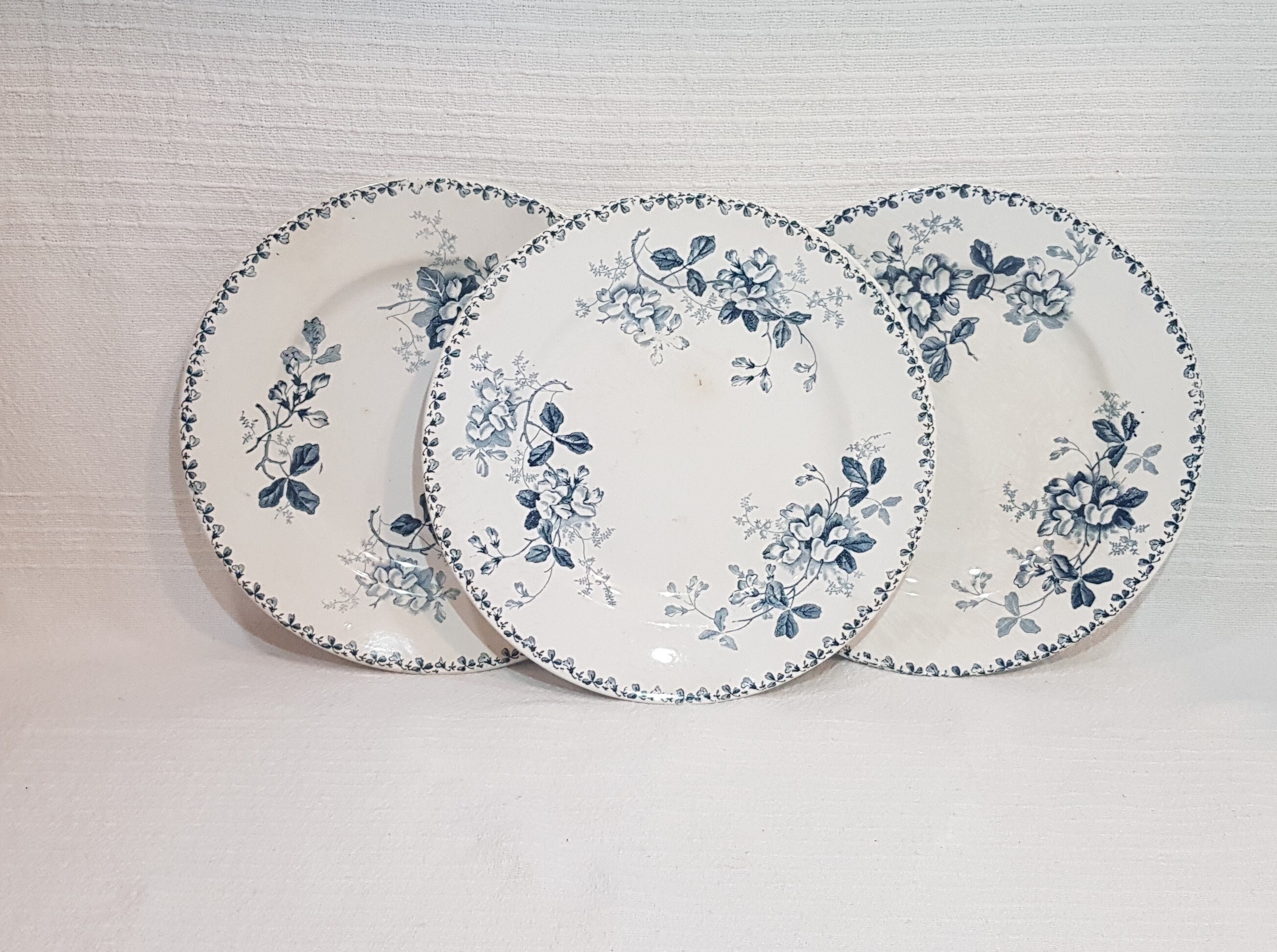 Lot de 3 Assiettes Plates en Faïence St Amand et Hamage Modèle Acacia, Terre Fer - Antique French Vi