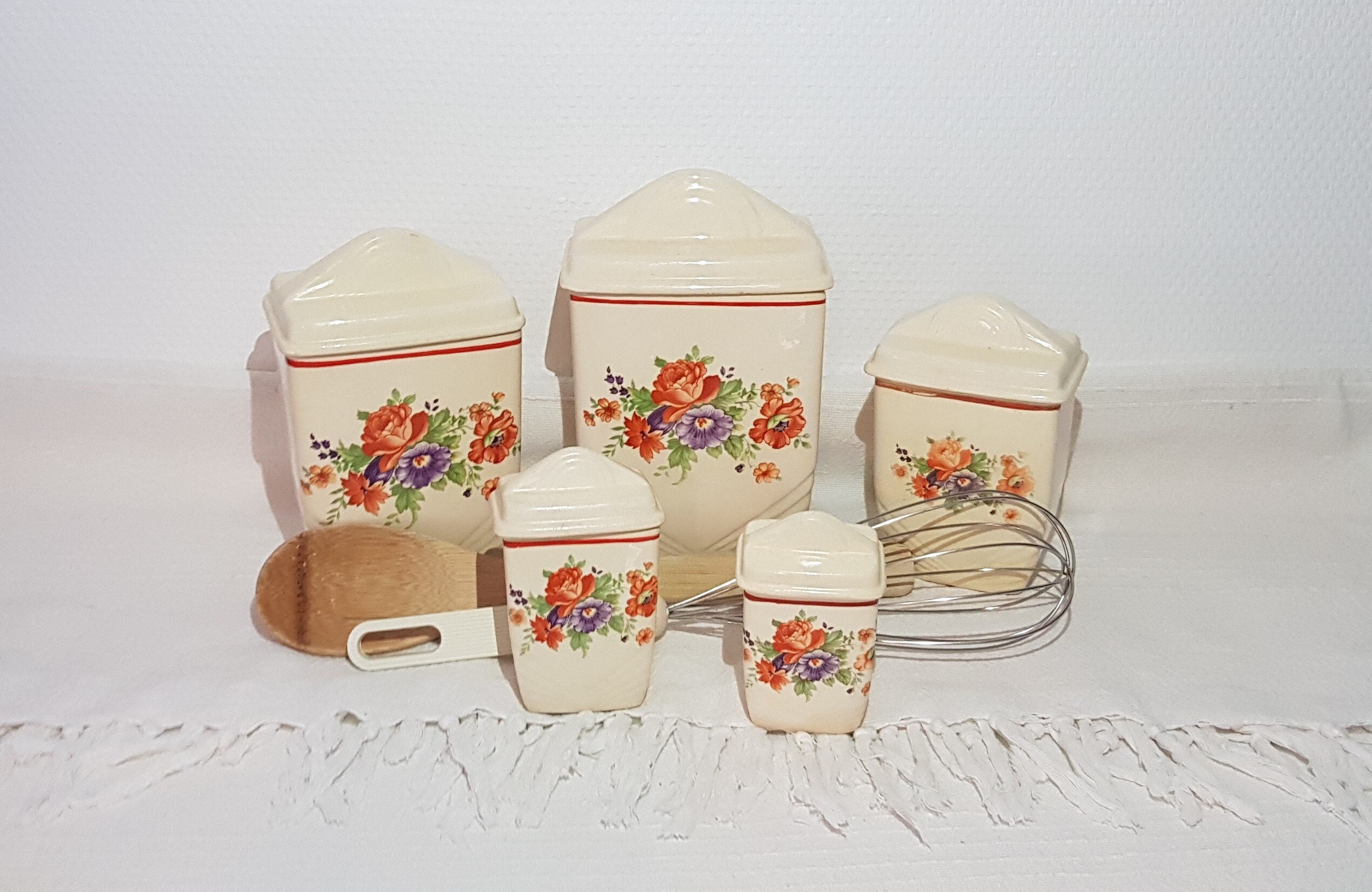 Lot de 5 Pots à Épices en Demi Porcelaine Lunéville Au Décor Floral - Antique French Vintage Campagn