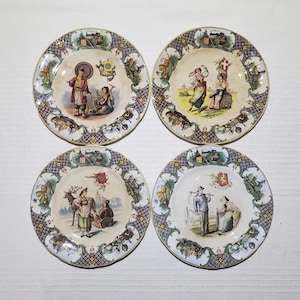 Sarreguemines earthenware talking plate, Nations pattern, ironstone - French Antique Vintage - Japan, Russia, Belgium, Italy