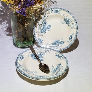 Set of 3 soup plates from the Sarreguemines earthenware factory, Royat model, ironstone - Antique French Vintage - Country chic, Velvety