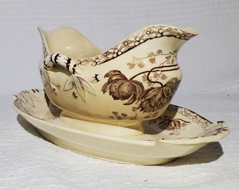 Sarreguemines aardewerken juskom, Royat-patroon, ironstone - Antiek Frans Vintage - Landelijke chic, shabby chic, dessertroom, Cepia