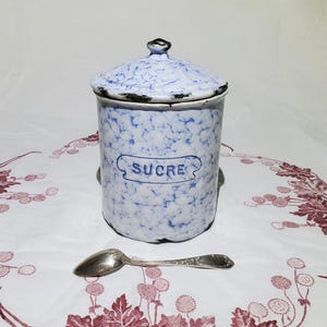 Antique white and blue enamelled metal sugar box, enamelled sheet metal - Antique French Vintage - Country chic, Shabby chic, Kitchen design