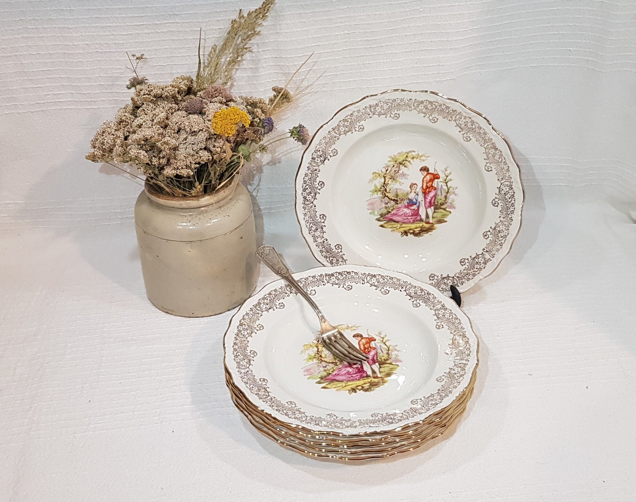 Lot de 6 Assiettes Plates Fragonard en Porcelaine Digoin - Antique French Vintage Campagne Chic, Sha