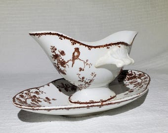 Salsiera in terracotta Gien, modello Fauvette, ironstone - Antico francese vintage - Country chic, Shabby chic, crema da dessert, Cepia