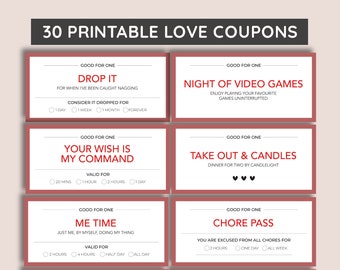 30 Fun Love Coupon Book, Valentines Day Coupons, Love Coupons, Gift for him, Husband Gift, Anniversary Gift, Love Vouchers