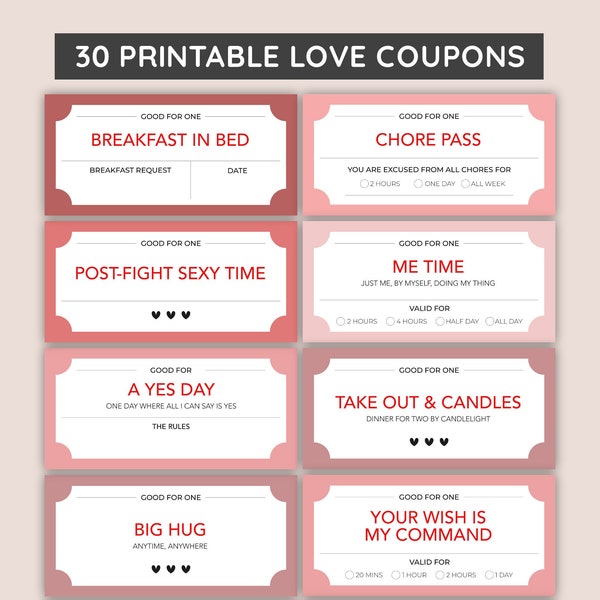 30 Fun Love Coupon Book, Valentines Day Coupons, Love Coupons, Gift for him, Husband Gift, Anniversary Gift, Love Vouchers