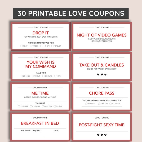 30 Fun Love Coupon Book, Valentines Day Coupons, Love Coupons, Gift for him, Husband Gift, Anniversary Gift, Love Vouchers