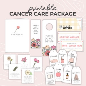 Pacote de tratamento do câncer para impressão, cartão de melhoras logo, notas de incentivo, etiquetas para presente de quimioterapia, cupons de conforto atenciosos, kit de presente de apoio