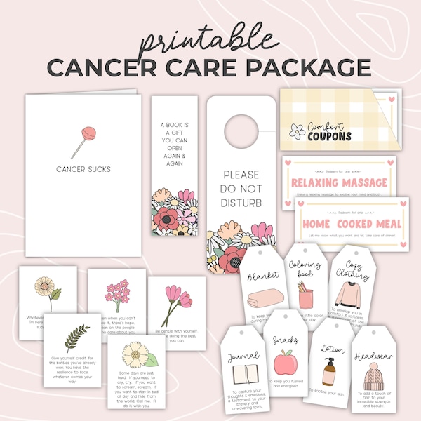 Cancer Care Package Printable, Get Well Soon Card, Encouragement Notes, Chemo Gift Tags, Thoughtful Comfort Coupons, Supportive gift Kit