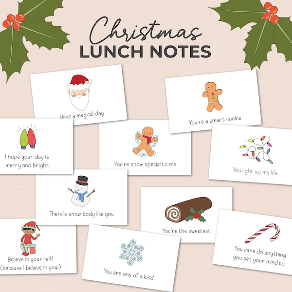 Christmas Lunchbox Notes for kids, Cute Lunch Notes, Lunch Note PDF, Printable Lunch Cards, Christmas Kids Printables, Mini Love Notes