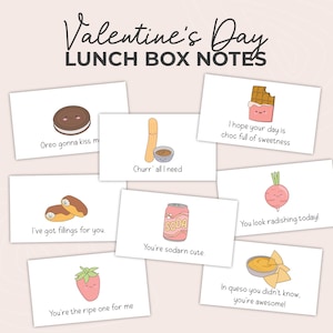 Valentinstag Essen Wortspiele, Lunchbox Notizen für Kinder, süße Notizen zum Mittagessen, Notizen zum Mittagessen für Kinder PDF, druckbare Lunch-Karten, Mini Liebesnotizen