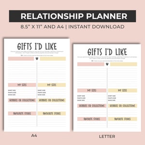 Peut inclure: Deux pages imprimables d'un planificateur de relations avec le titre "Cadeaux que j'aimerais". Les pages sont divis&eacute;es en sections pour les tailles, les passe-temps ou les collections et les magasins pr&eacute;f&eacute;r&eacute;s. Les pages sont con&ccedil;ues pour les formats de papier 8,5 x 11 pouces et A4.