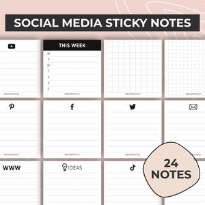 Notas adhesivas de redes sociales imprimibles, programación de redes sociales, Instagram, Facebook, Youtube, Tiktok, plantilla de notas adhesivas imprimibles, tarjeta de notas