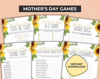 Mother's Day Game Bundle, Printable Mothers Party Games, Sunflowers Who Knows Mom Best, Kids Activities, This or That, Would you Rather, PDF