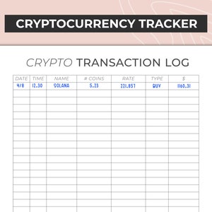 May include: A black and white printable cryptocurrency transaction log with column headings: Date, Time, Name, # Coins, Rate, Type, and $. The first row of the log has the following data: 4/8, 12.30, SOLANA, 5.23, 221.857, BUY, 1160.31.