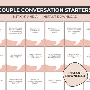 Iniciadores de conversa de casal para impressão, perguntas de relacionamento, quebra-gelo para encontros noturnos, cartões de conversa, tópicos de discussão PDF