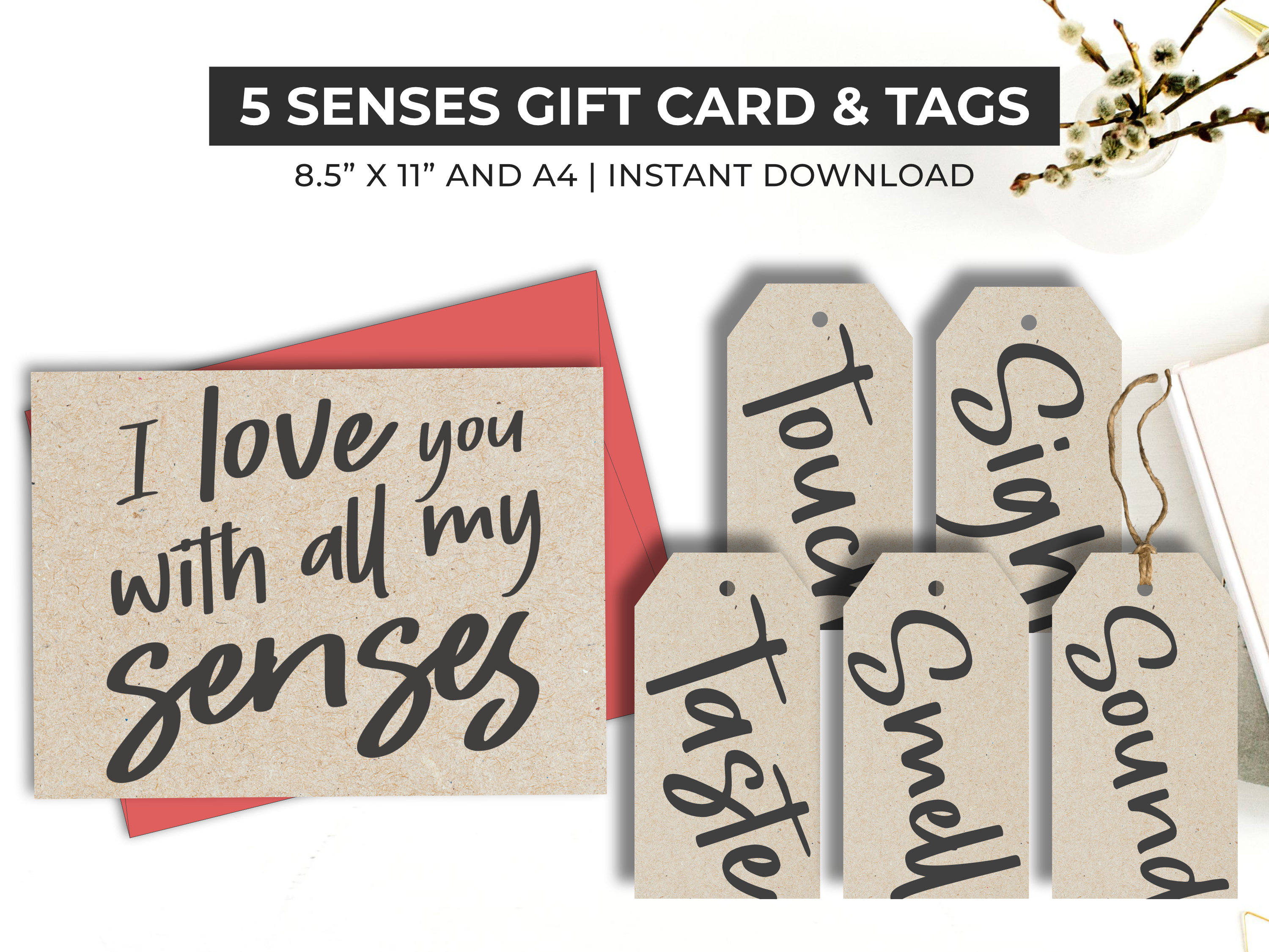 5 Senses Gift Tags & Birthday Card. Instant Download Printable