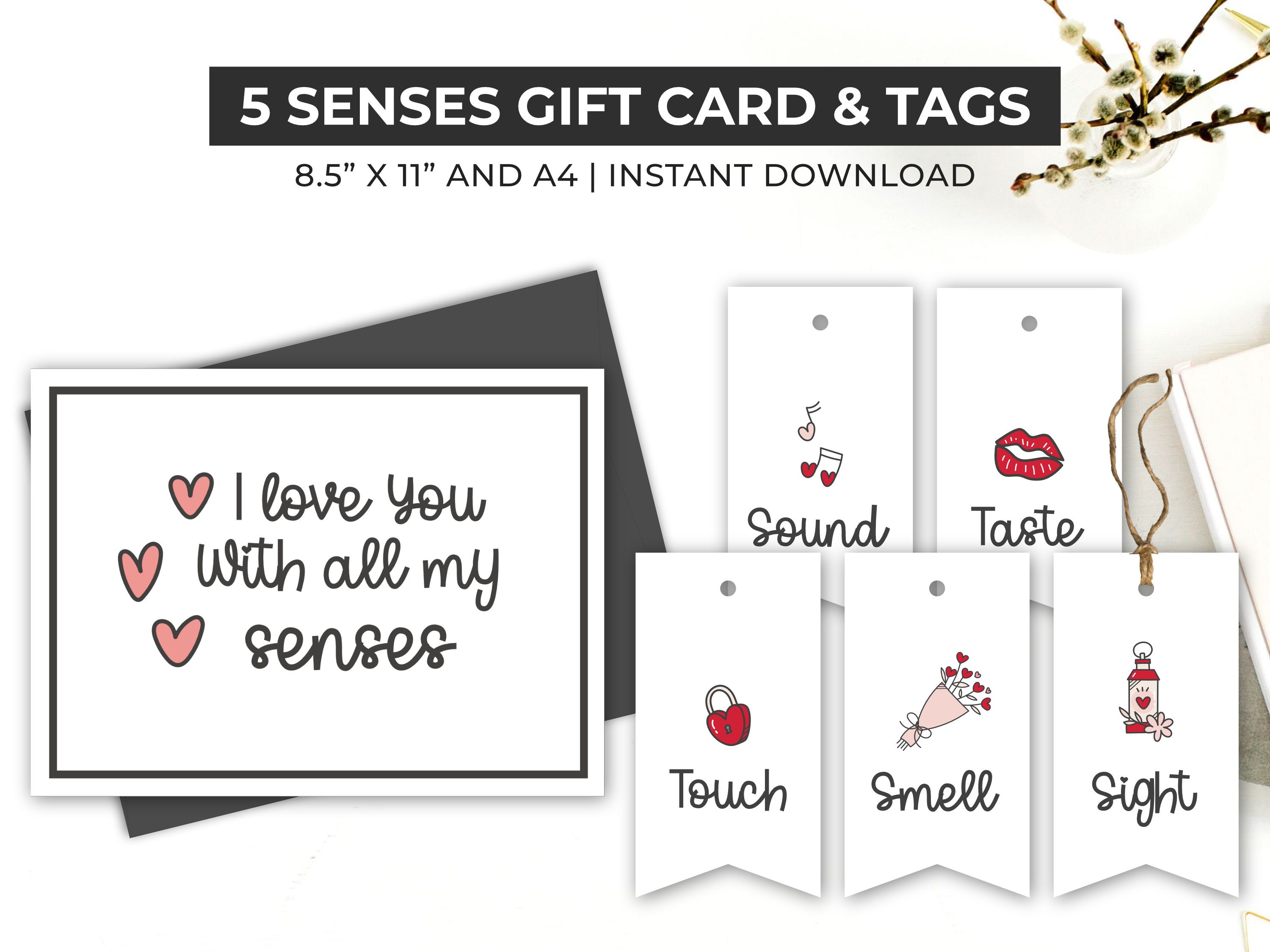 Five Senese Gift Tags & Card. 5 Senses Date Night Idea. Instant