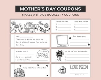 Printable Mother's Day Coupons, DIY Coloring Activities, Homemade gifts, Kids crafts, Last Minute Gift, All About Mom, Blank Coupon Book