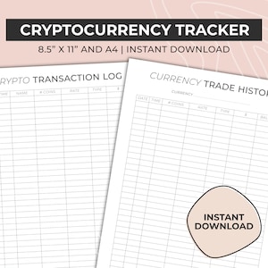 Puede incluir: Un rastreador de criptomonedas imprimible con dos páginas. La primera página se titula "Registro de transacciones de criptomonedas" y tiene columnas para la fecha, la hora, el nombre, el número de monedas, la tasa, el tipo y la cantidad. La segunda página se titula "Historial de operaciones de divisas" y tiene columnas para la fecha, la hora, el número de monedas, la tasa, el tipo, la cantidad y el saldo. Ambas páginas están diseñadas para registrar transacciones de criptomonedas.