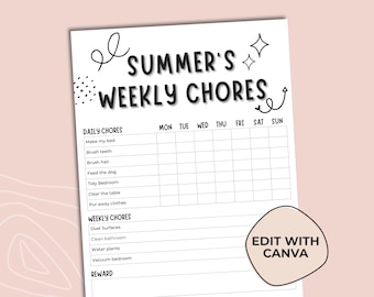 Może przedstawiać: Drukowany czarno-biały harmonogram obowiązków z tytułem "Summer's Weekly Chores". Harmonogram zawiera listę codziennych i cotygodniowych obowiązków, z siatką dla każdego dnia tygodnia. Harmonogram zawiera również sekcję na nagrody.