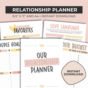 Peut inclure: Un planificateur de relations imprimable avec des sections pour les objectifs de couple, les favoris, le langage de l'amour et une liste de choses &agrave; faire. Le planificateur est con&ccedil;u avec un sch&eacute;ma de couleurs rose et jaune et pr&eacute;sente des c&oelig;urs et le texte "Notre planificateur de relations".
