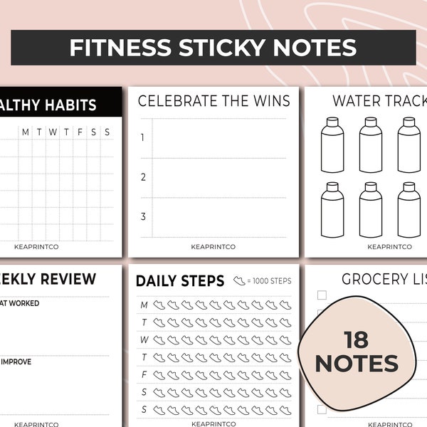 Fitness and Health Sticky Notes, Fitness Tracker Printable Sticky Notes, Sticky Notes Template, Habit Tracker, Fitness Planner, Weight Loss