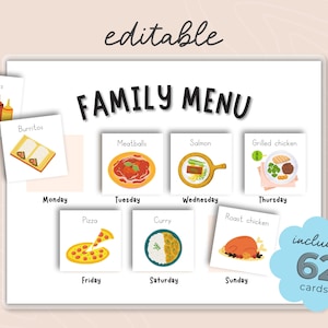 Edytowalny tygodniowy wykres posiłków i karty, wizualne menu dla dzieci i maluchów, wydrukowane obrazy wykresów, szablon menu, kalendarz Montessori