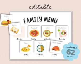 Editable Weekly Meal Chart & Cards, Visual Menu for kids and Toddlers, Printable Chart Pictures,  Menu Template, Montessori Calendar