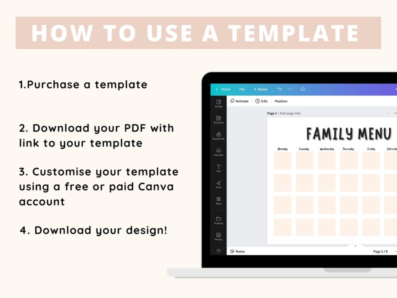 May include: A laptop screen displaying a Canva design template for a family menu. The template is a weekly meal planner with a white background and black text. The text on the screen reads "FAMILY MENU" and includes days of the week: Monday, Tuesday, Wednesday, Thursday, Friday, Saturday.