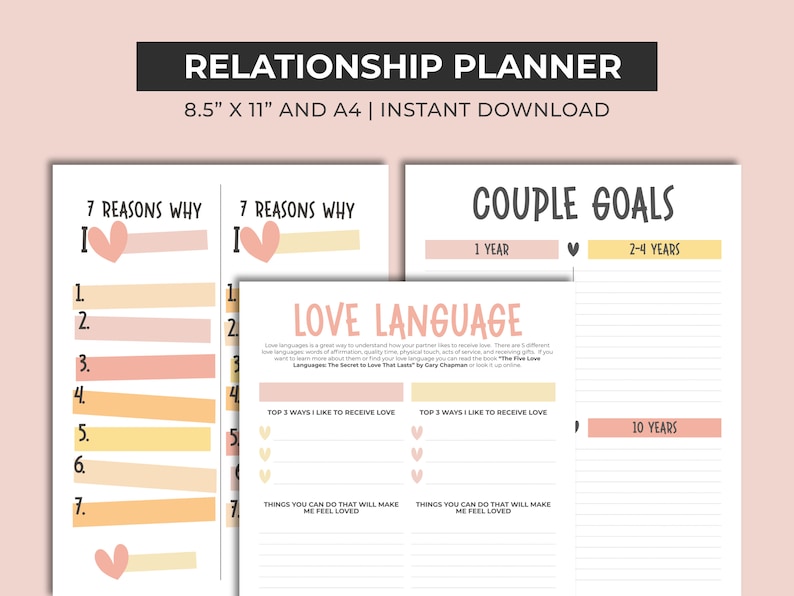 Peut inclure: Planificateur de relations imprimable avec des accents roses et jaunes. Le planificateur comprend des sections pour "7 raisons pour lesquelles je t'aime", "Langage de l'amour" et "Objectifs de couple".